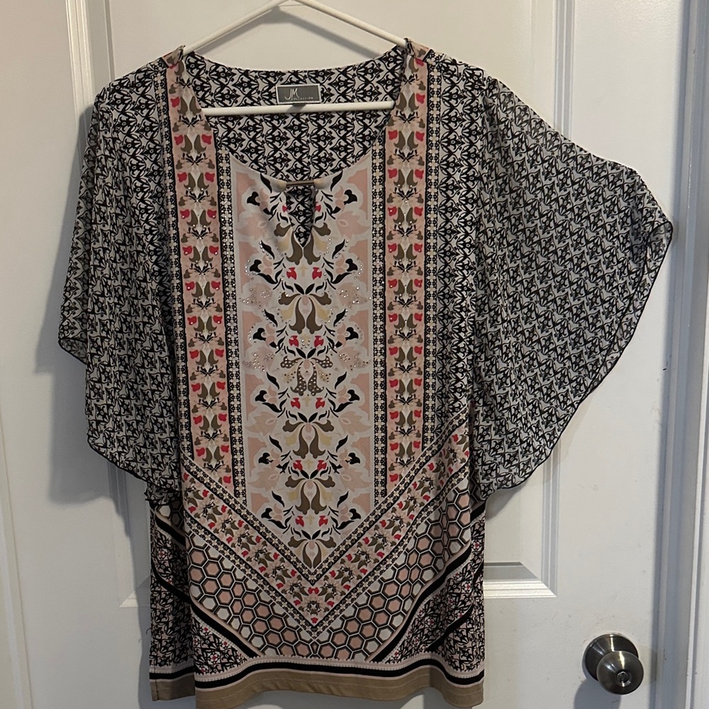 JM Collection Black and Cream Floral Blouse - Picture 4 of 5